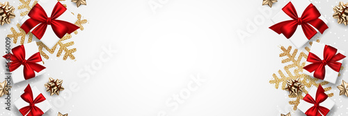 Christmas and New Year holiday background. Xmas greeting card. Christmas gifts on white background top view. Noel. Flat lay	
