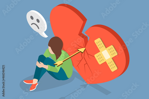 3D Isometric Flat Vector Conceptual Illustration of Broken Heart, Ending Relationship and Sad Hurtful Experience