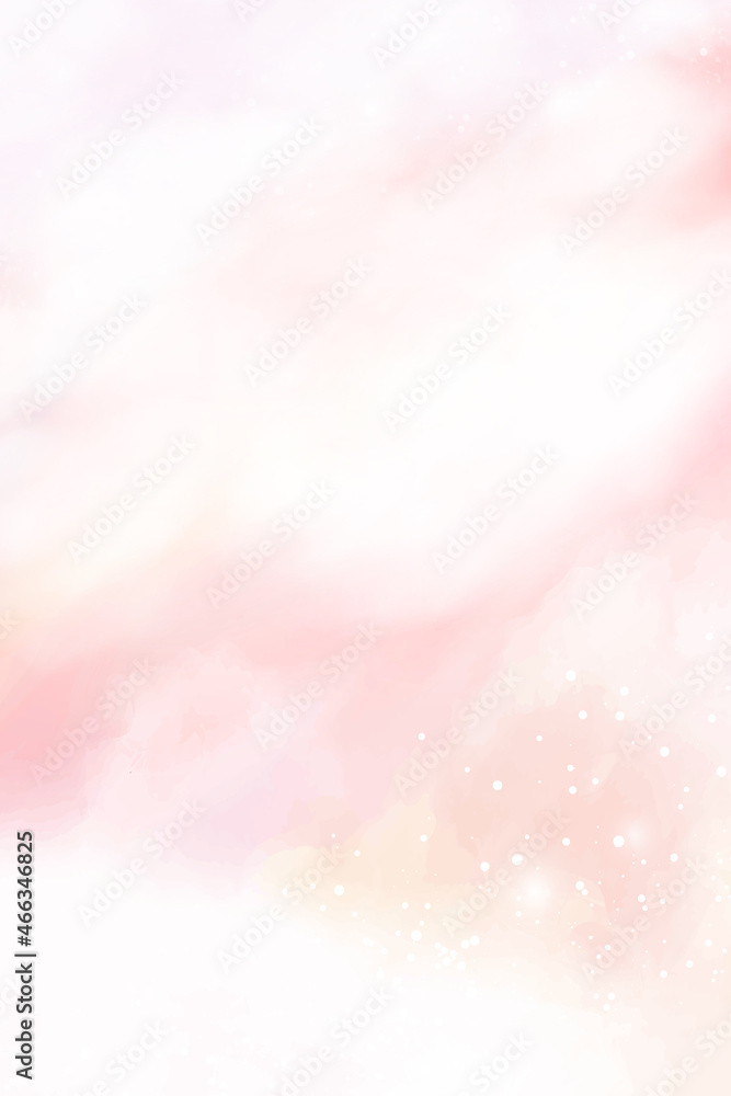 Pink watercolor cotton cloud background. Pastel fantasy sky backdrop template for wedding invitation, greeting card, banner or flyer. Vector illustration of fluffy candy clouds