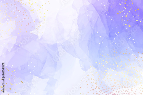 Abstract luxury lavender liquid watercolor background with golden stain brush dots. Pastel violet marble alcohol ink drawing effect. Vector illustration design template for invitation, rsvp, menu