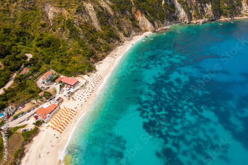 Aerial photo of paradise exotic sea of Petani beach under the mountain at Kefalonia island Greece