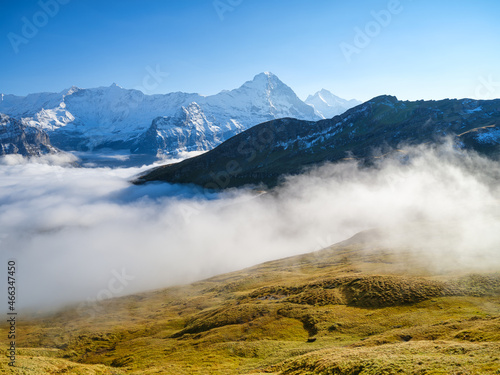 Mountains and clouds in the valley. Natural landscape high in the mountains. Mountain range through the clouds. Landscape in the summertime. Large resolution photo for design.