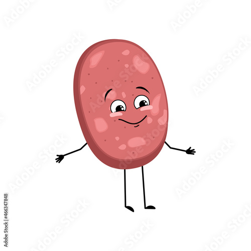 Cute sausage character with joyful emotions, happy face, smile, eyes, arms and legs. Fun meal or meat snack. Vector flat illustration