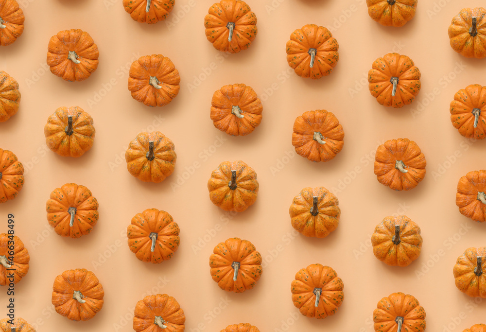 Fototapeta premium Fresh pumpkins on orange background