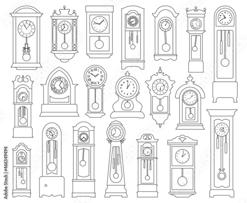 Antique clock isolated outline set icon. Vector illustration old watch on white background. Vector outline set icon antique clock.