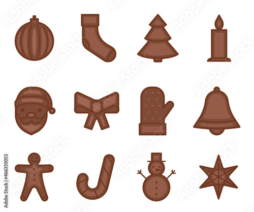 Chocolate Christmas figurines. Chocolate chip cookies. Holiday cooking. Vector illustration