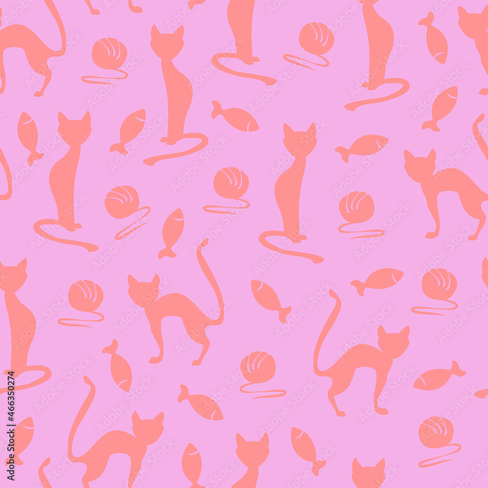 Coral cats and small fishes isolated on pink background. Vector seamless pattern. Coral cats and small fishes isolated on pink background. Vector seamless pattern.