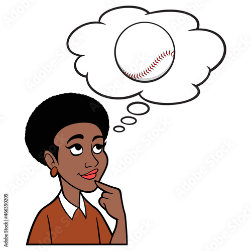 Woman thinking about a Baseball Game - A cartoon illustration of a Woman thinking about a Baseball Game.  