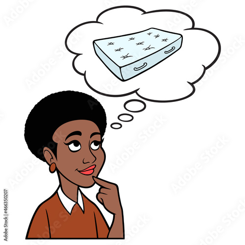 Woman thinking about a Bed Mattress - A cartoon illustration of a Woman thinking about a new Bed Mattress for bedroom.