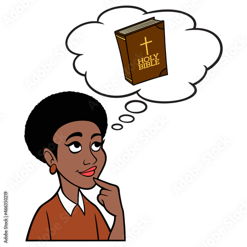 Woman thinking about a Bible Verse - A cartoon illustration of a Woman thinking about a Bible Verse.