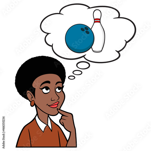 Woman thinking about a Bowling Ball and Pin - A cartoon illustration of a Woman thinking about a Bowling ball and pin.