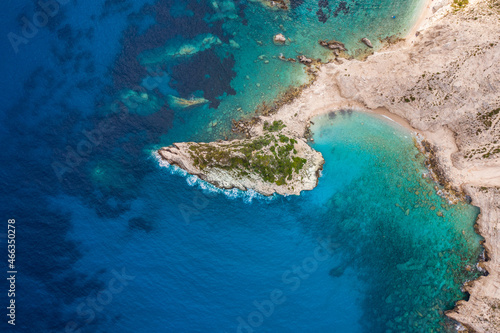 Aerial photo of rock formation at the exotic sea of Petani beach at Kefalonia island Greece