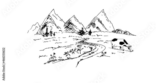 Rural landscape with house  mountains  alpine meadow  cows. Vector illustration. Sketch.