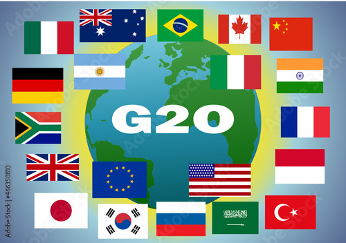 Cumbre del G2O. Banderas de los países miembros de la cumbre del G20 con siluetas de manos protegiendo el planeta Tierra