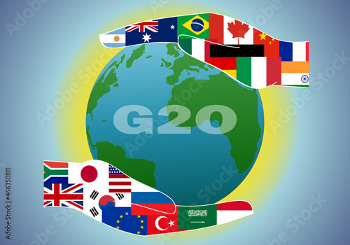 Cumbre del G2O. Banderas de los países miembros de la cumbre del G20 con siluetas de manos protegiendo el planeta Tierra