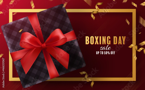 Boxing day sale or black friday shopping concept design of red, gold, black, boxing gloves holding for happy time with decorative elements cut style on color Background. 