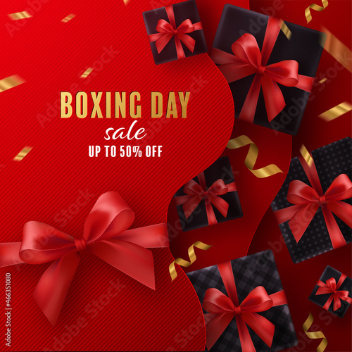 Boxing day sale or black friday shopping concept design of red, gold, black, boxing gloves holding for happy time with decorative elements cut style on color Background.  photo