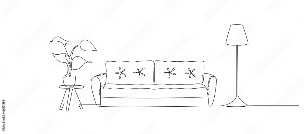 Continuous one line drawing of sofa and lamp and table with plant ...
