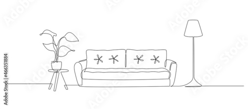 Continuous one line drawing of sofa and lamp and table with plant. Modern scandinavian furniture in simple Linear style. Doodle vector illustration