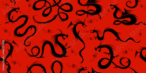 Dragons. Black tattoo silhouettes, Seamless pattern for your design