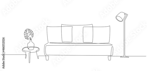Continuous one line drawing of sofa and lamp and table with plant monstera. Living room interior in bohemian apartment. Modern furniture in simple Linear style. Doodle vector illustration