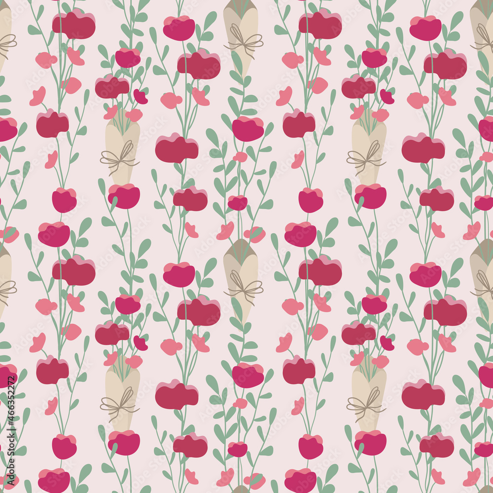 Delicate pink seamless pattern in a naive style. A bouquet of pink flowers, roses in a popular paper wrapping with a bow. Vector square background.
Use for textiles, paper packaging, gift bags. Eps10. Delicate pink seamless pattern in a naive style. A bouquet of pink flowers, roses in a popular paper wrapping with a bow. Vector square background.
Use for textiles, paper packaging, gift bags. Eps10.