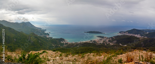 Summer Budva riviera coastline panorama landscape in Montenegro. View from the top of the mountain road.