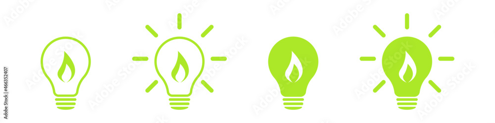Flame energy in a light bulb. Set of icons. - obrazy, fototapety, plakaty 