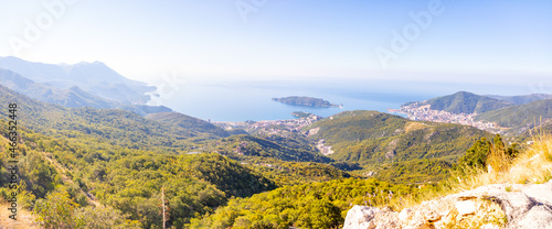 Summer Budva riviera coastline panorama landscape in Montenegro. View from the top of the mountain road.