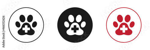 Pet first aid icons set. Dog or cat paw print. Medical cross symbol. Illustration