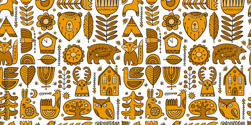 Nordic Ornament. Forest Animals, Folk Background. Seamless pattern for your d...