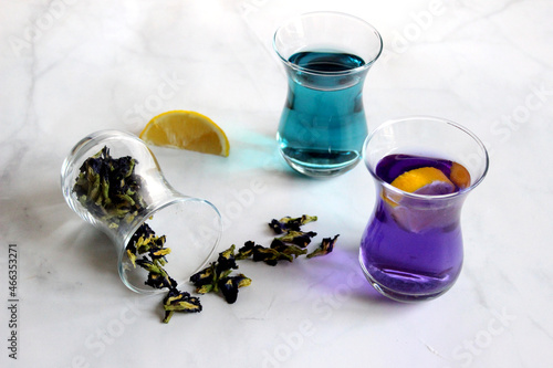 Healthy drinks, organic blue butterfly pea flower tea background copy space top view