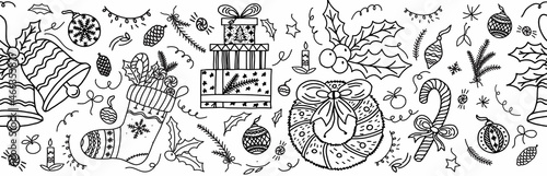 New Year's seamless banner paper tape of doodles in the hand-draw style. Gifts, new year wreath, sock, tangerines, Christmas toys, lollipop, on an isolated white background. Vector Line Illustrations