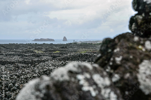 Weinanbau mit Steinmauern auf Vulkaninsel Pico mit Blick auf Nachbarinsel Faial