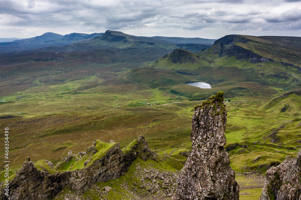 Aerial view of spectacular jagged rock formations at a remote, highlands location (Quiraing, Isle of Skye) Aerial view of spectacular jagged rock formations at a remote, highlands location (Quiraing, Isle of Skye)