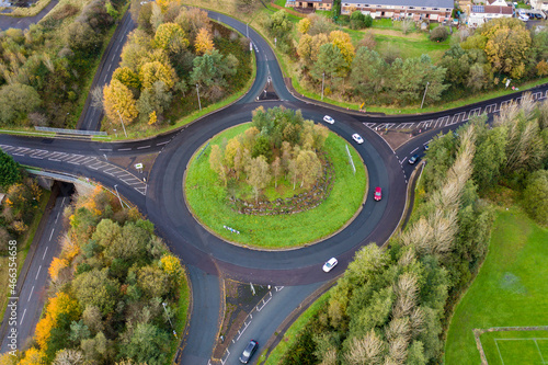 Aerial view of a small roundabout in the Welsh town of Ebbw Vale during the autumn