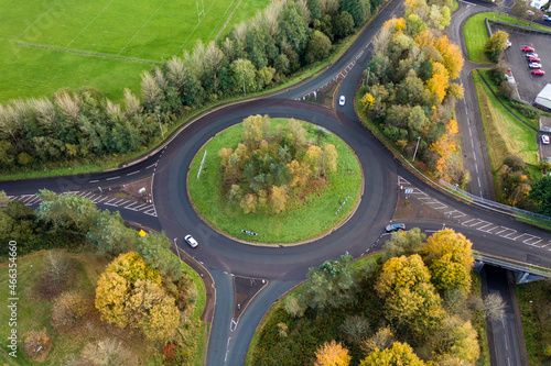 Aerial view of a small roundabout in the Welsh town of Ebbw Vale during the autumn