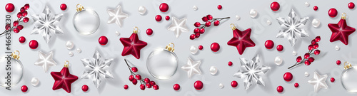 Christmas decorative border and background made of festive decoration elements. New Year concept. White and red color.| 