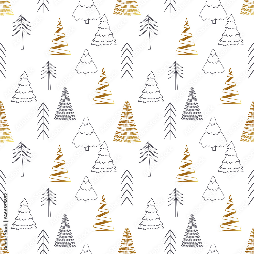 Obraz premium Christmass tree seamless pattern. Gold and black tree vector illustration. Hand drawn doodle sketch.