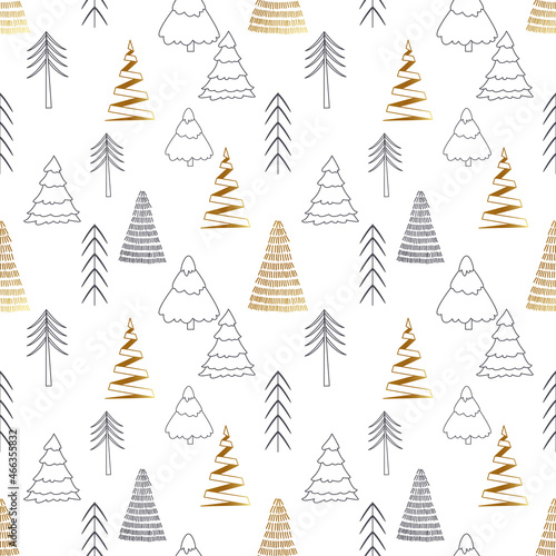Christmass tree seamless pattern. Gold and black tree vector illustration. Hand drawn doodle sketch.