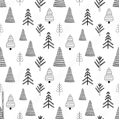 3D Fototapete Baum - Fototapete Christmass tree seamless pattern. Black and white vector illustration. Hand drawn doodle sketch.