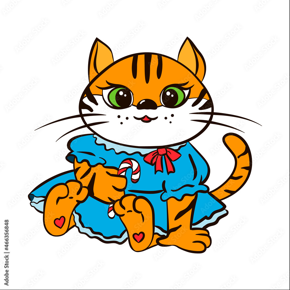 A cute little tiger cub in a blue dress with a candy in his hand sits and smiles. Cute cat girl. A cute little tiger cub in a blue dress with a candy in his hand sits and smiles. Cute cat girl.