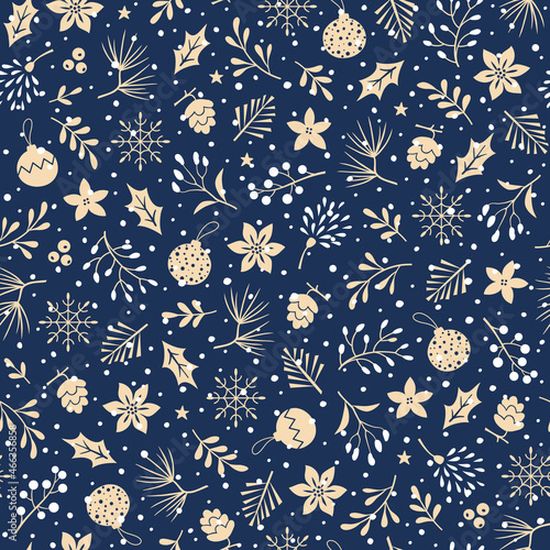 Christmas vector seamless pattern with gold winter floral elements and Christmas tree decorations on navy blue background. Christmas and New Year wrapping paper.