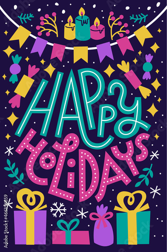 Colorful winter holidays card or poster. Christmas, Hannukah, inclusive neutral greeting. Cool bright colors on dark background. Modern flat illustration. Vertical, portrait-oriented.