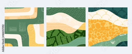 Set of abstract landscape vector social media background illustration. Countryside with colorful texture. Bundle of decorative eco cards. Nature, ecology, organic, environment postcard, poster design
