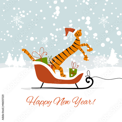 Christmas card template with santa Tiger and gifts. Symbol of 2022 New Year.