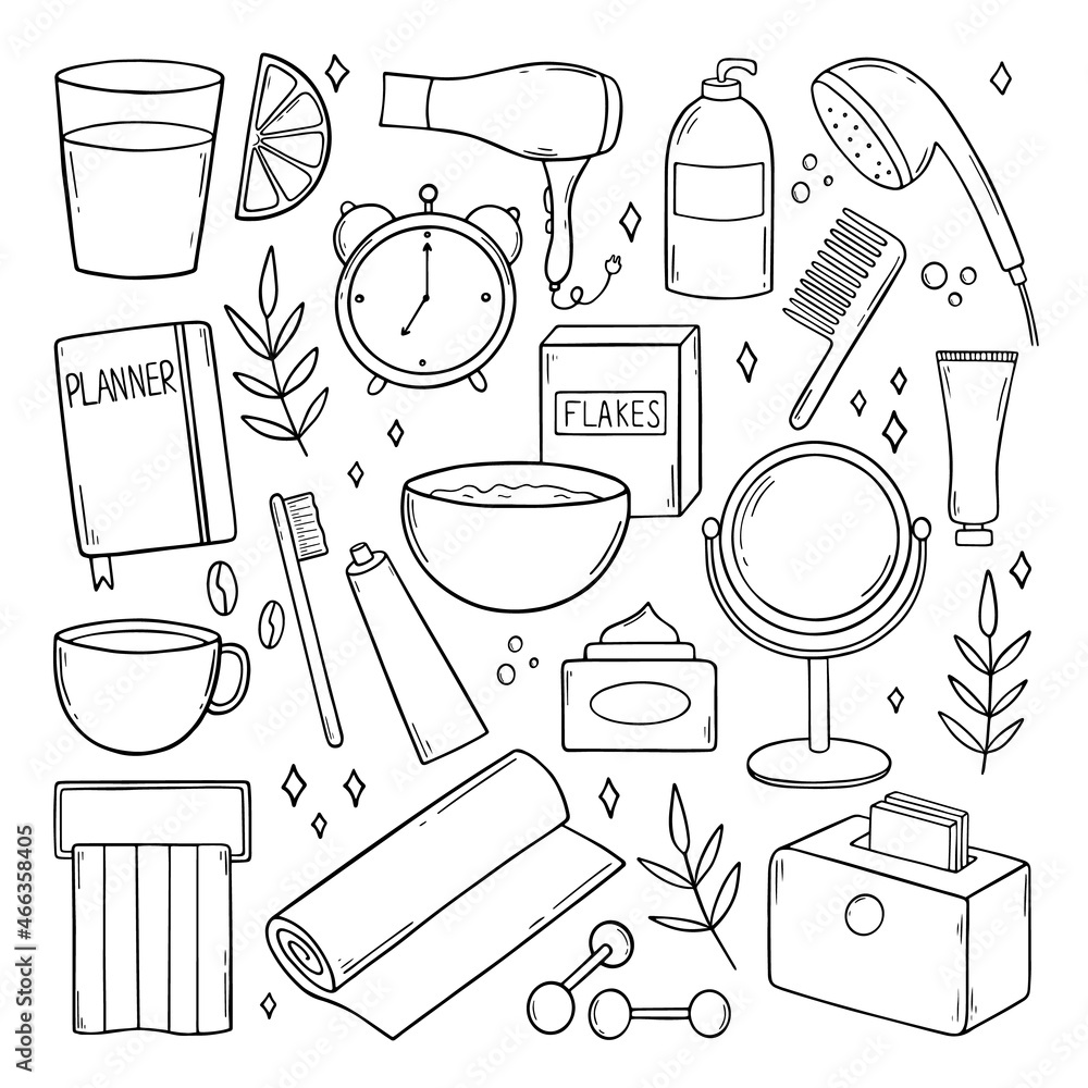 Set of morning routine doodles. Home activity: planning, drinking lemon ...