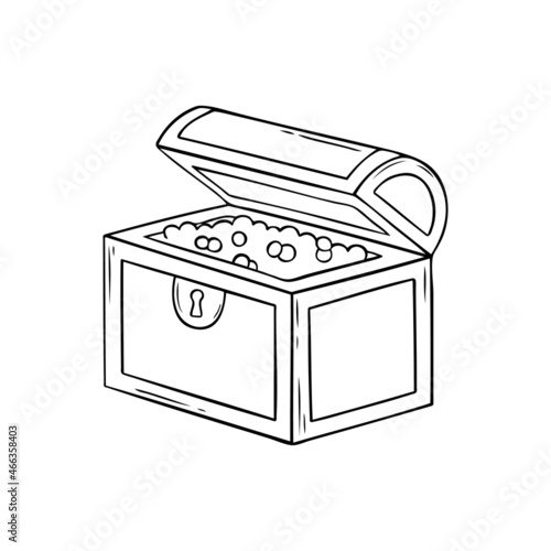 Wooden pirate treasure chest  full of gold coins. Doodle sketch style.  Hand drawn vector illustration isolated on white background.