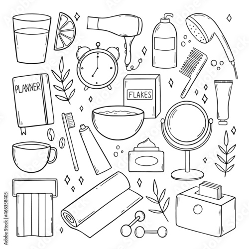 Set of morning routine doodles. Home activity: planning, drinking lemon water, fitness, shower, breakfast, beauty rituals in sketch style.  Hand drawn vector illustration isolated on white background.