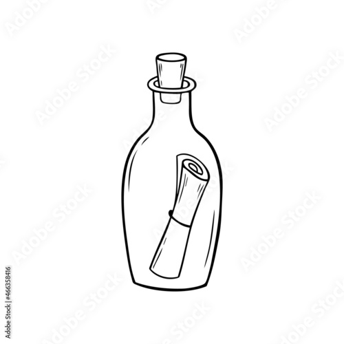 Bottle with a message inside in doodle style. Glass bottle with a scroll tied with a ribbon inside it. Hand drawn vector illustration isolated on white background.